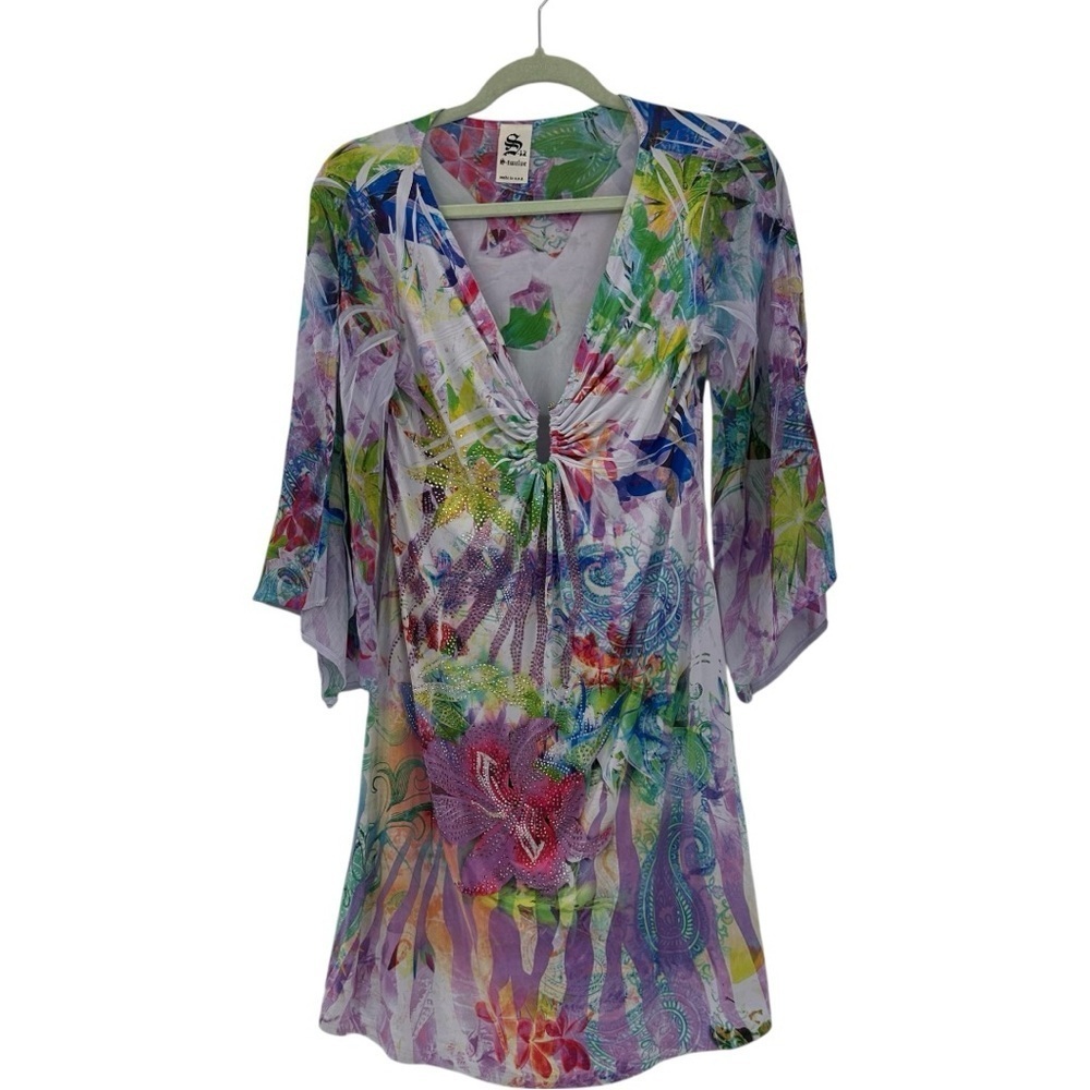 Y2K Maximalist Crazy Colorful Sparkly Flutter Sleeve Whimsy Dress Vintage Size M